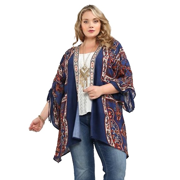 Flying Tomato Paisley Floral Ruched Sleeve Boho Aztec Kimono Cardigan - Size S/M - Picture 1 of 9